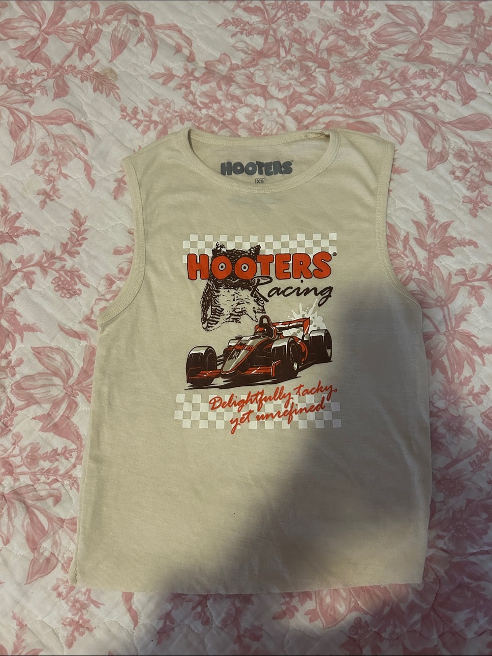 Hooters Cream Tank Top with Red & Black Racing Print